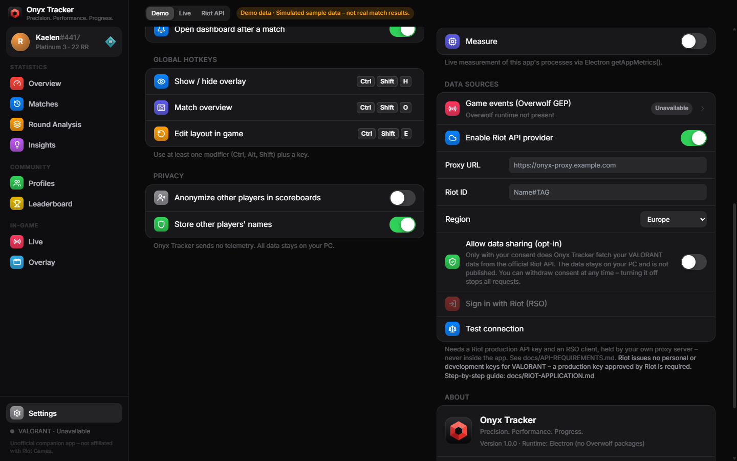 Settings with the Riot API provider, the opt-in switch and the disabled Riot sign-in until consent is given