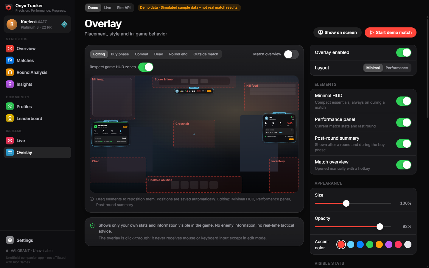 Overlay editor with a game screen preview, protected HUD zones and overlay widgets